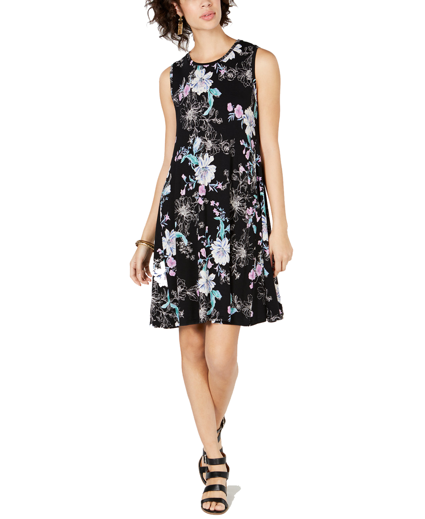 Style & Co Women Floral Print Swing Dress Black