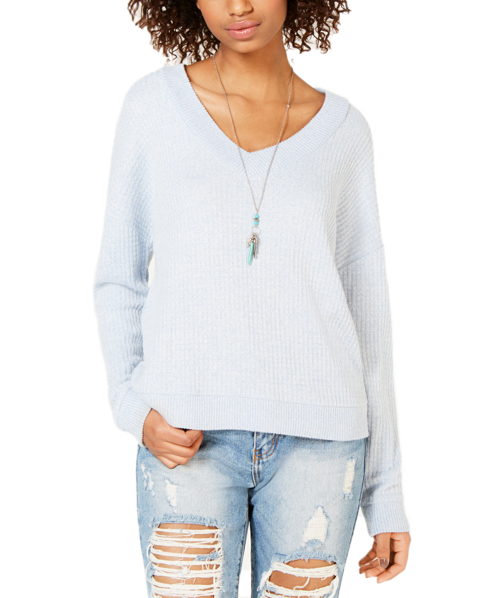 Hippie Rose V Neck Waffle Knit Top Hydrangea Marled