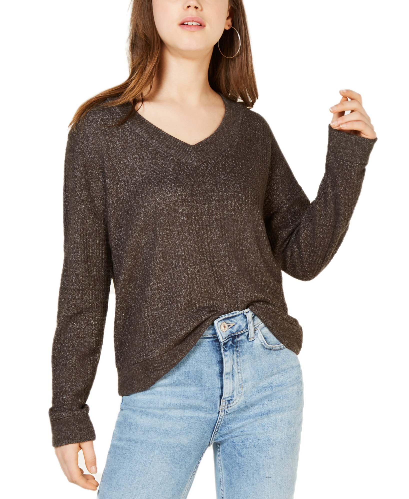 Hippie Rose V Neck Waffle Knit Top Steel Grey Marled