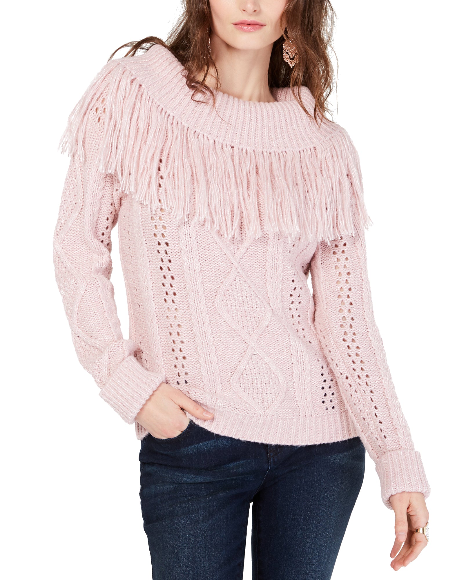 INC International Concepts Women Fringe Trim Cowlneck Sweater Pale Mauve