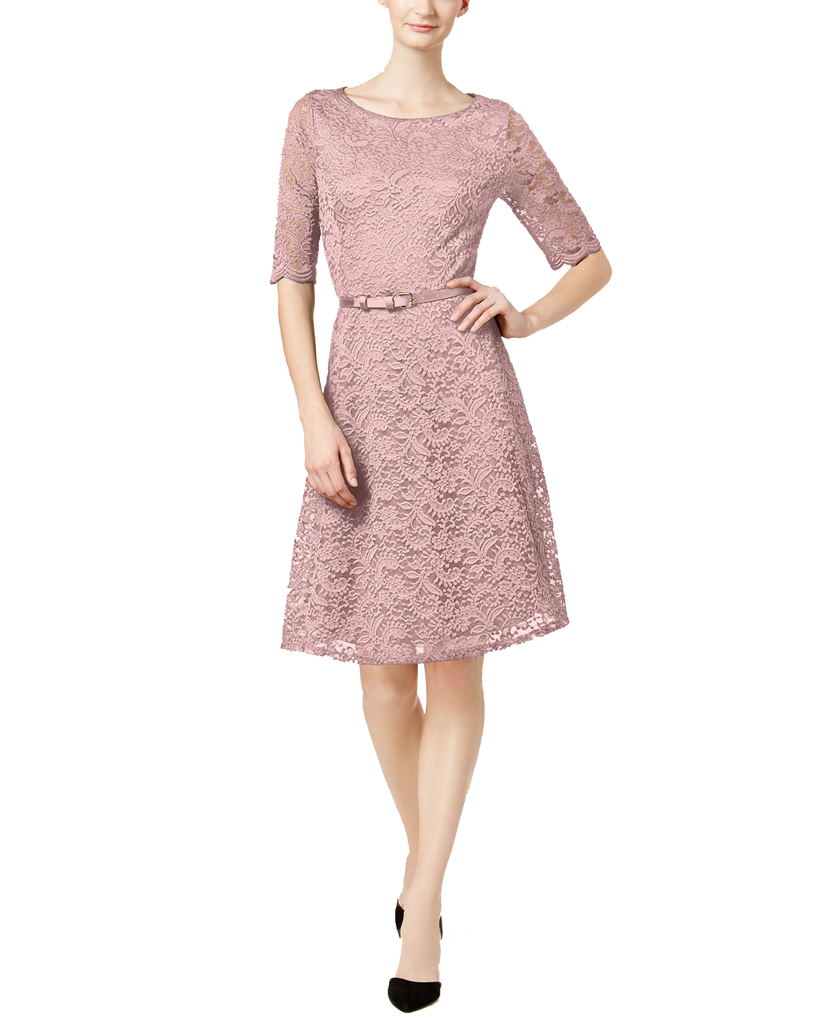 Charter Club Women Petite Belted Lace Dress Misty Pink