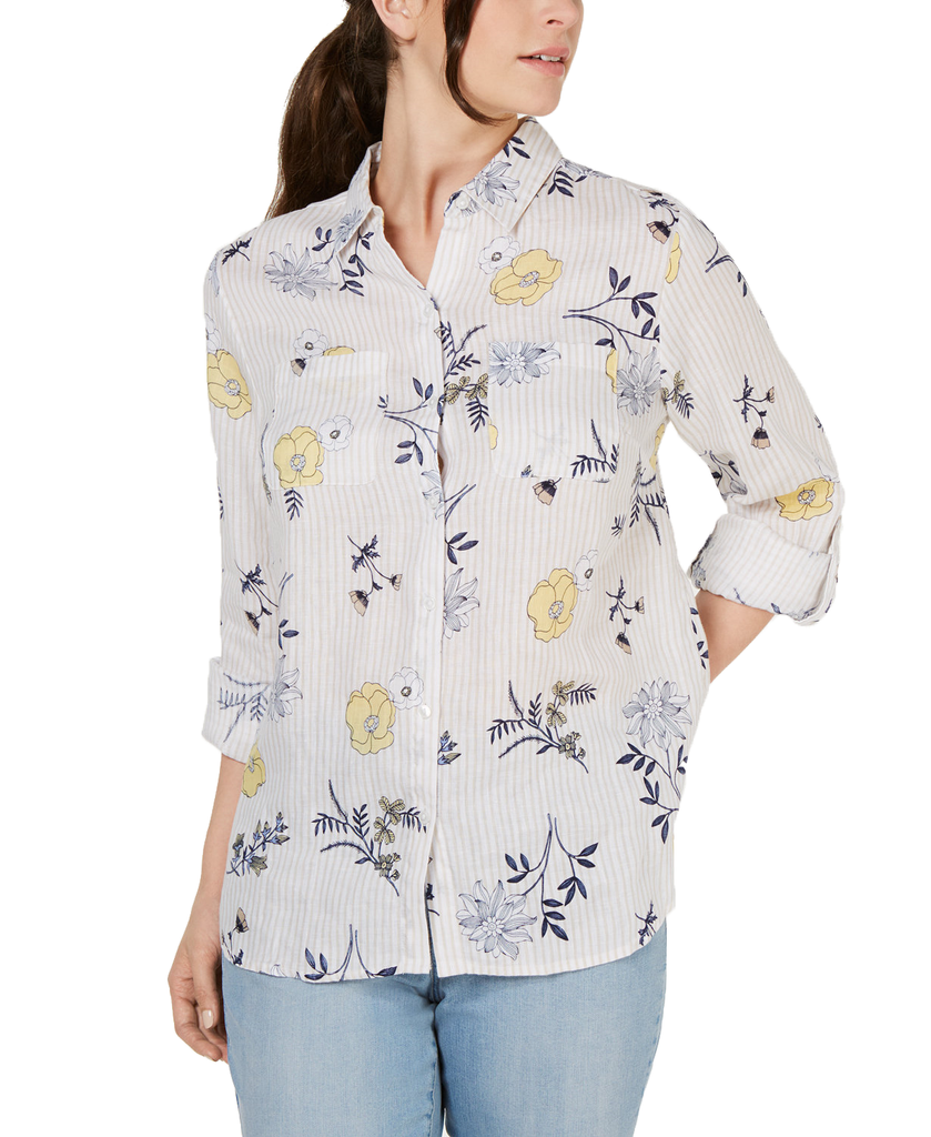 Charter Club Women Linen Floral Print Utility Shirt Lemon Spritz Combo