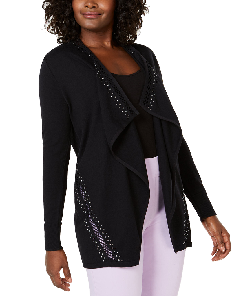 JM Collection Women Embellished Draped Cardigan Deep Black