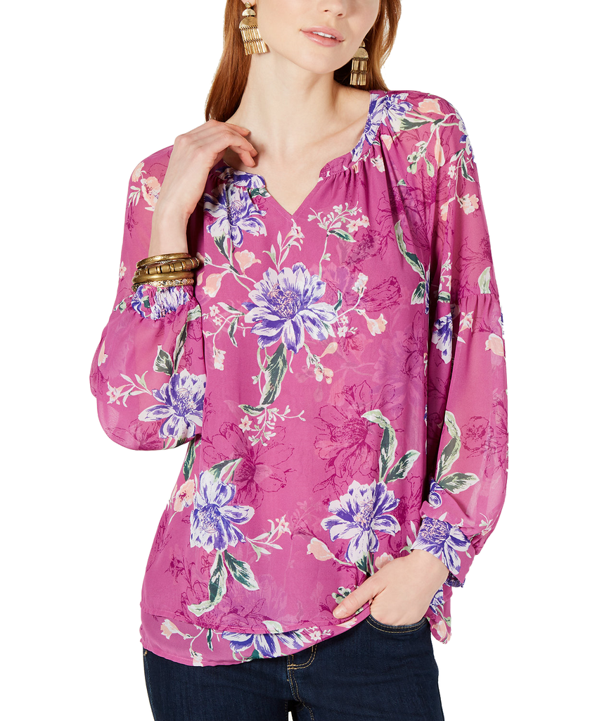 Style & Co Women Floral Print Split Neck Top Floating Medley