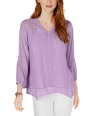 Style & Co Women Petite Layered Hem Crochet Woven Top Lavender Sprig