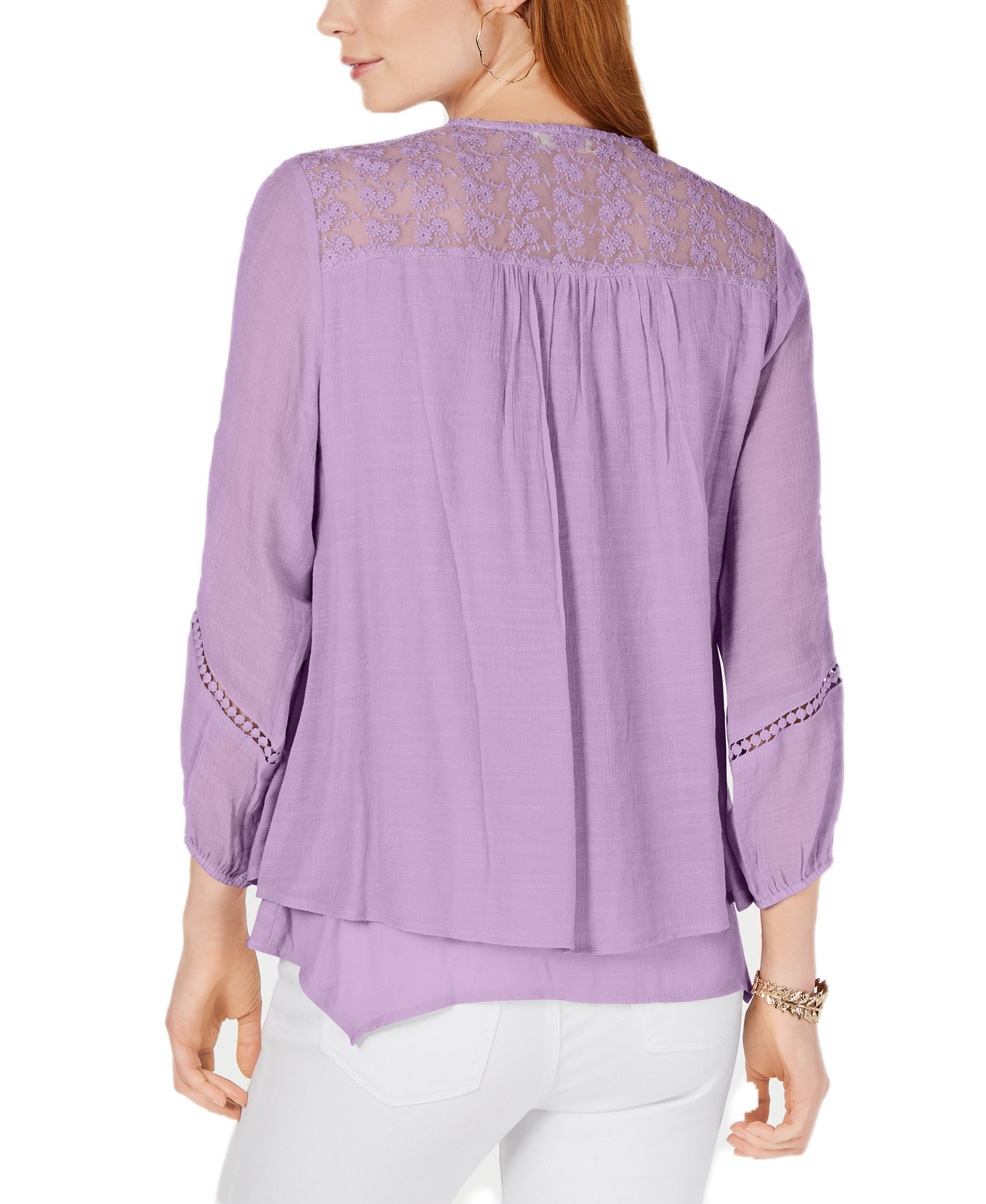 Style & Co Women Petite Layered Hem Crochet Woven Top