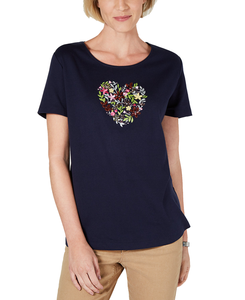 Karen Scott Floral Heart Graphic T Shirt Intrepid Blue