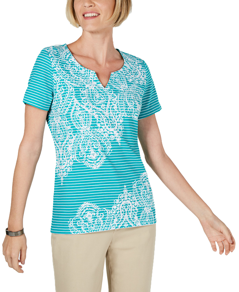 Karen Scott Women Striped Studded Top Classic Teal