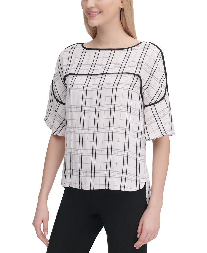 Calvin Klein Women Plaid Piping Trim Blouse White Black Plaid