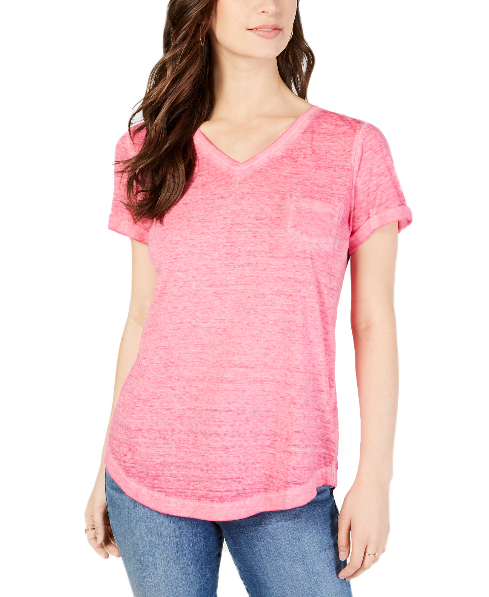 Style & Co Women Petite Burnout V Neck T Shirt Pink Breeze