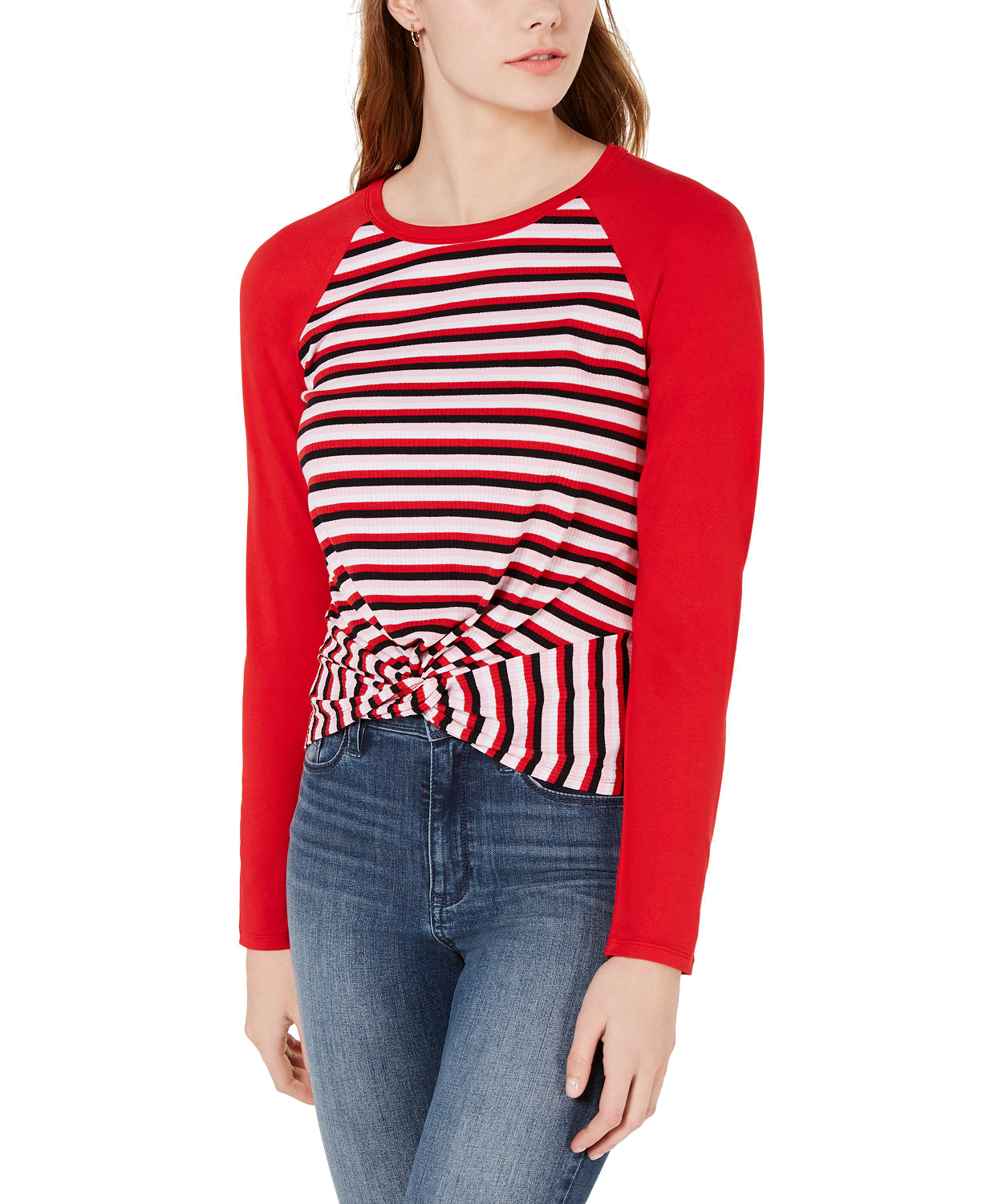 Ultra Flirt Women Twist Hem Raglan Sleeve T Shirt Racing Red