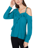 INC International Concepts Women Ruffled Cold Shoulder Top Caribbean Blue
