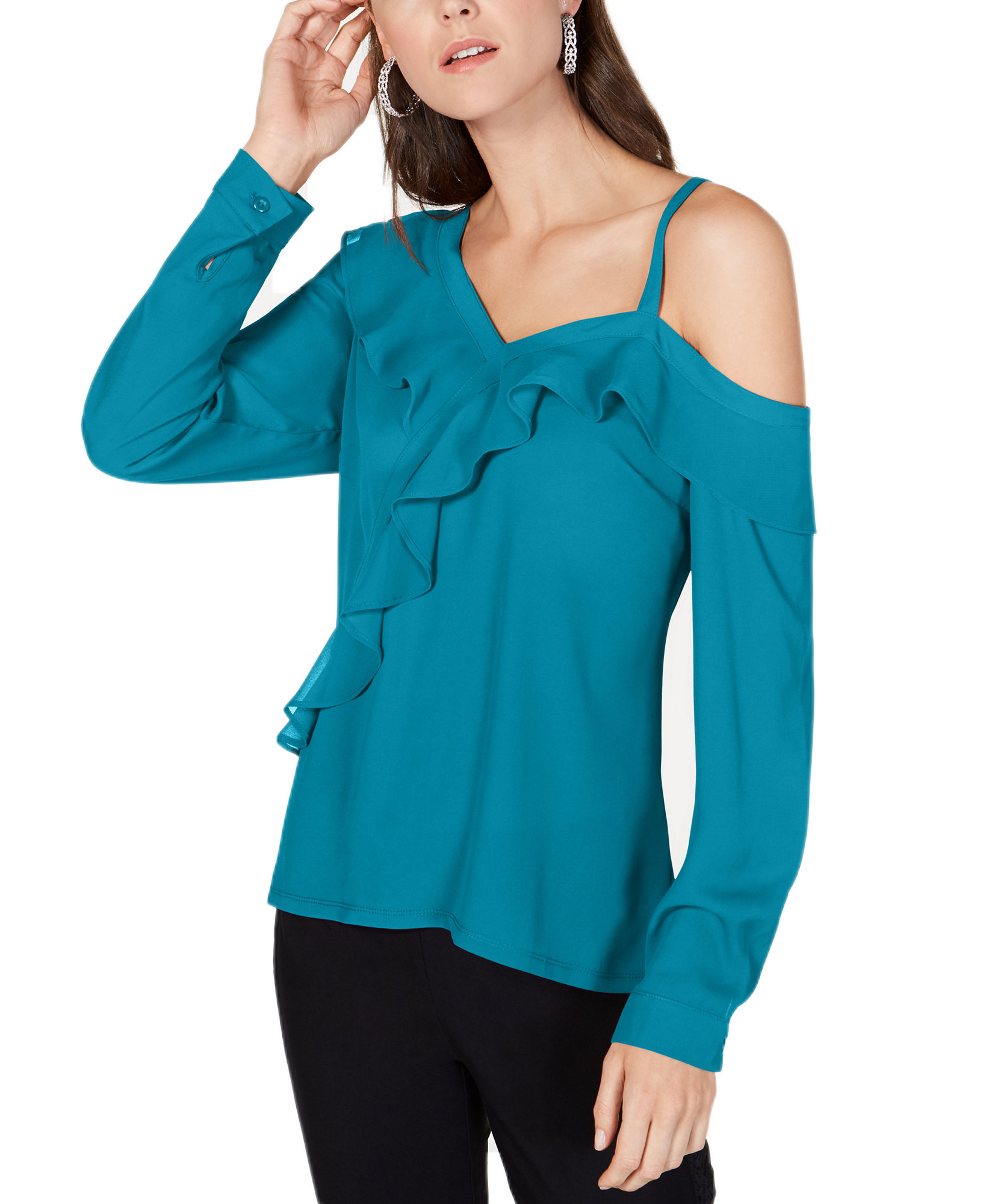 INC International Concepts Women Ruffled Cold Shoulder Top Caribbean Blue