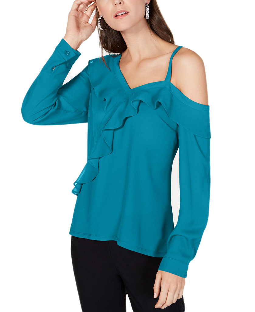 INC International Concepts Women Ruffled Cold Shoulder Top Caribbean Blue