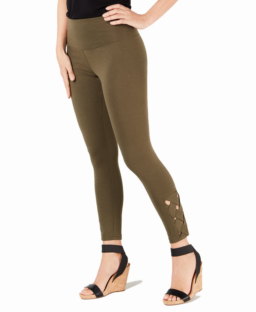 INC International Concepts Women Lattice Ankle Shaping Leggings Olive