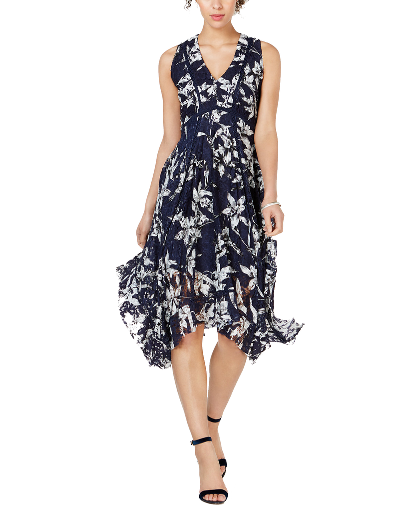 Taylor Women Printed Lace Handkerchief Hem Dress Navy Ivory