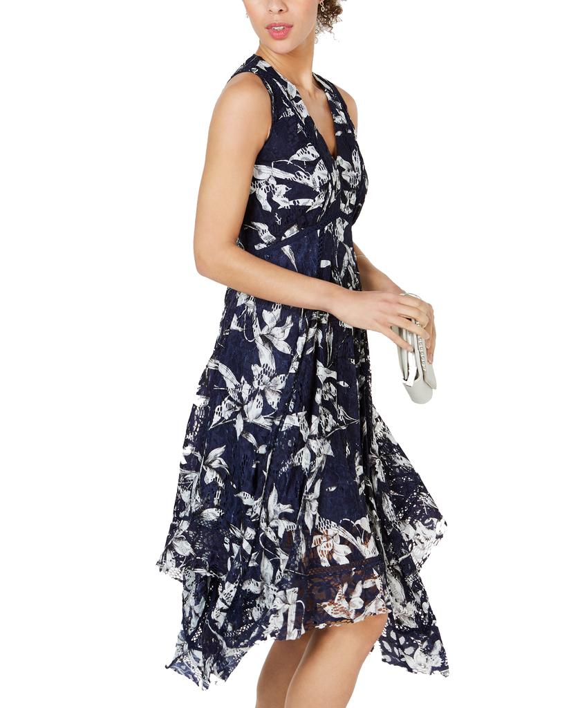 Taylor Women Printed Lace Handkerchief Hem Dress