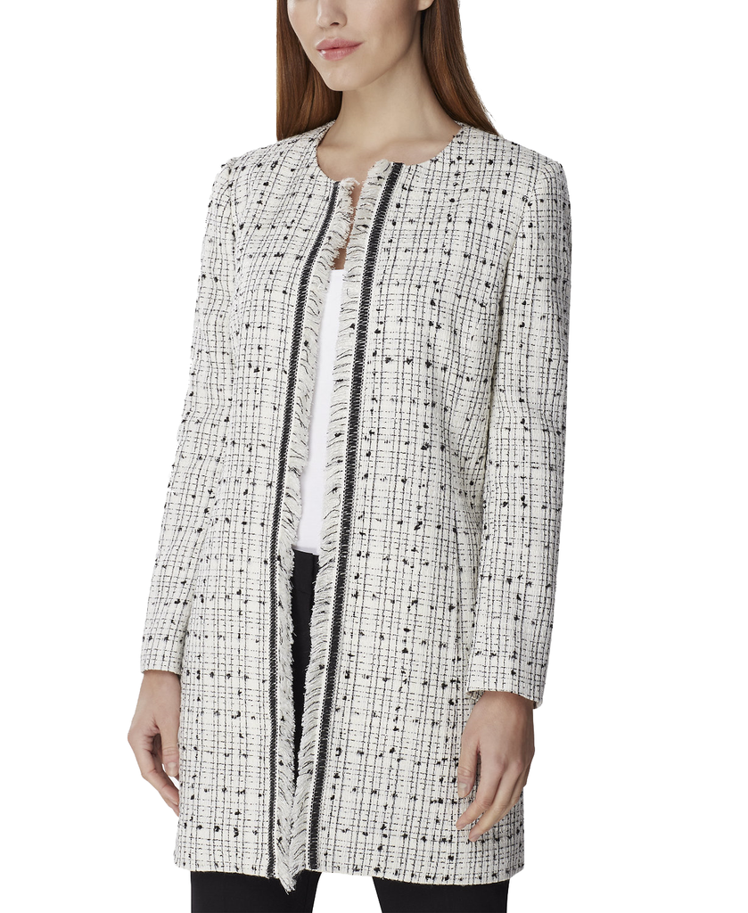 Tahari ASL Women Petite Fringe Trim Topper Jacket Ivory Black