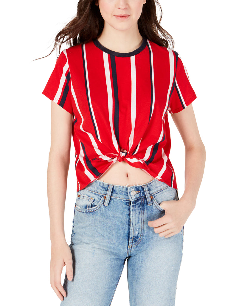 Polly & Esther Juniors Striped Knot Front Cropped T Shirt Red navy
