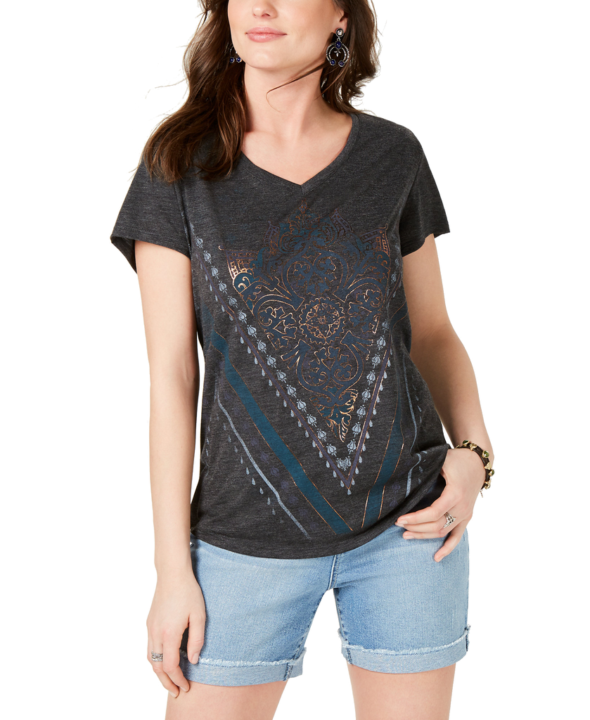 Style-&-Co-Women-Metallic-Graphic-T-Shirt-Chevron-Border