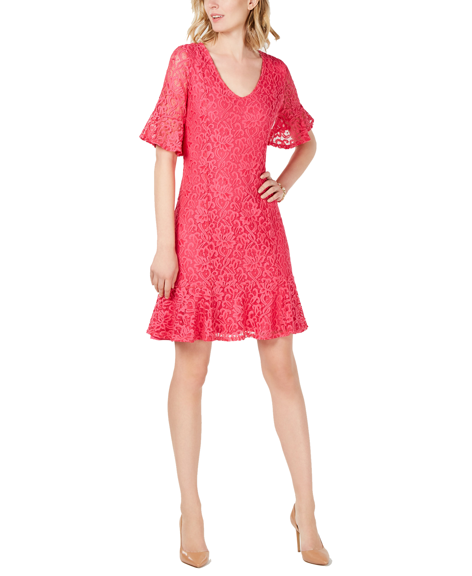 NY Collection Women Petite Ruffled Lace Dress Magenta Morelace