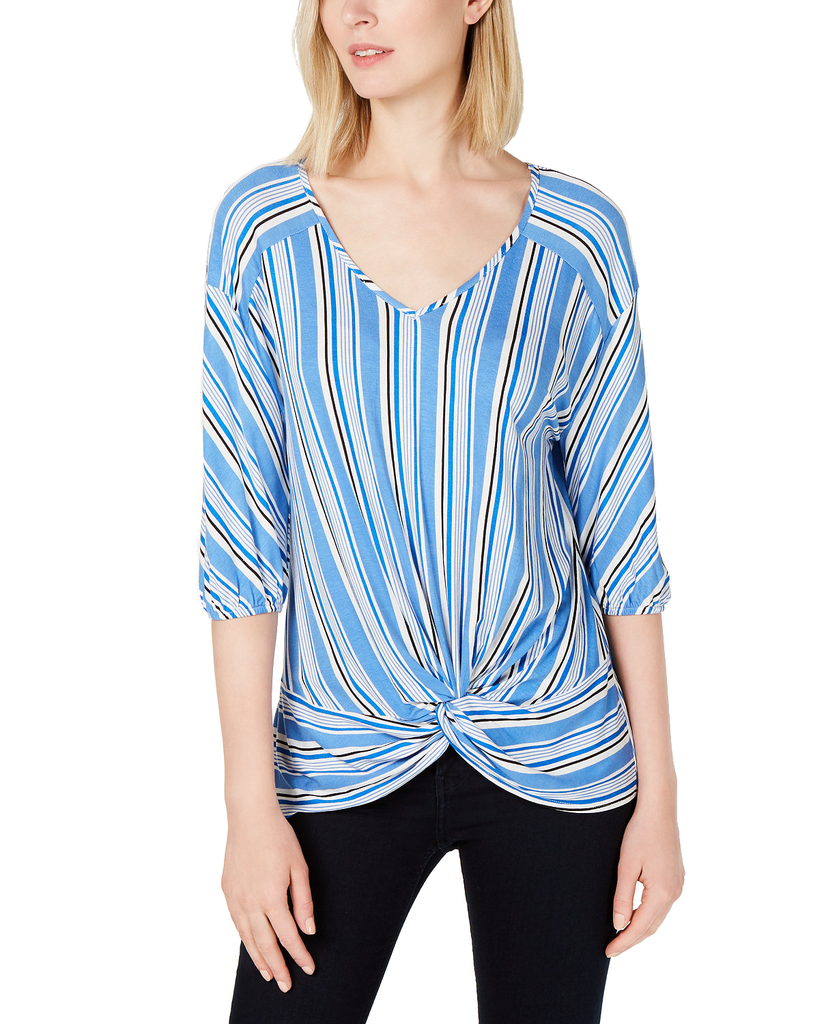 NY Collection Women Petite Striped Twist Front Top Blue Funstripe