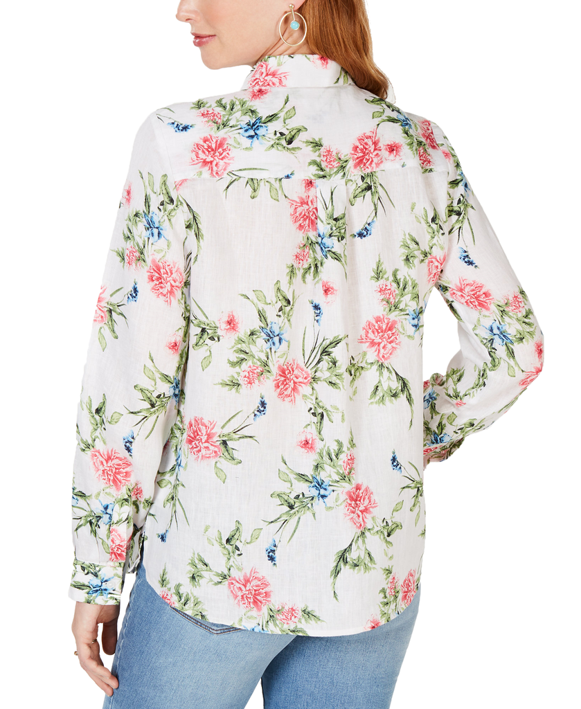 Charter Club Linen Printed Roll Tab Blouse