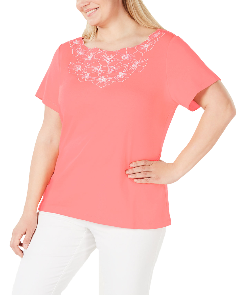 Karen Scott Petite Cotton Embellished Top Coral Lining