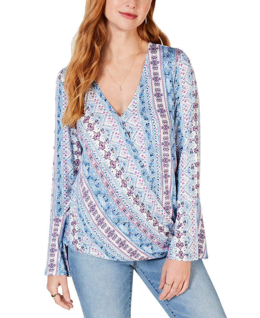 Style & Co Women Printed Surplice Bell Sleeve Top Castaway Lane