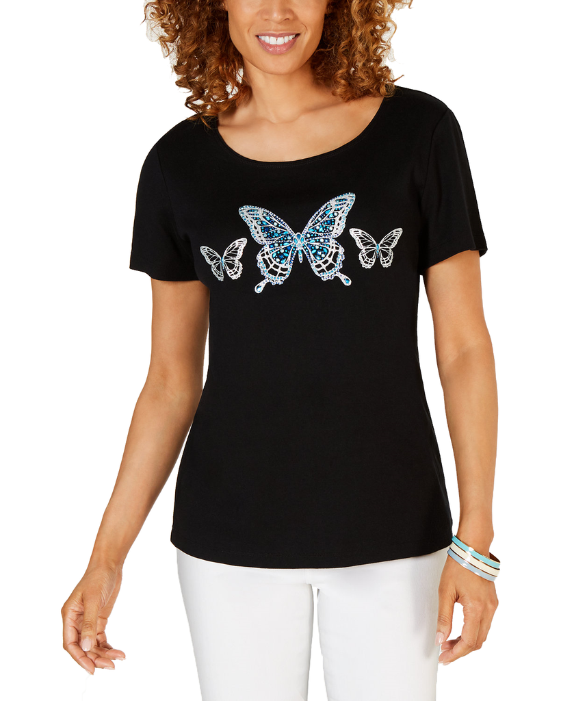 Karen Scott Cotton Butterfly Print Top Deep Black