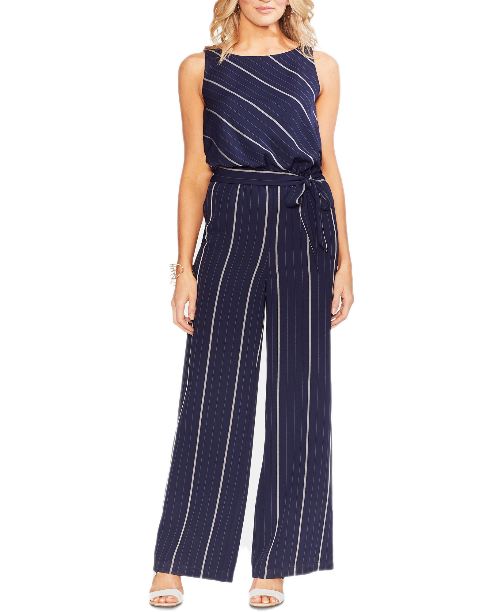 Vince Camuto Women Belted Striped Wide Leg Jumpsuit Classic Navy
