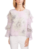 Vince Camuto Women Pagoda Blossoms Ruffled Sleeve Top Purple Fresh Lilac