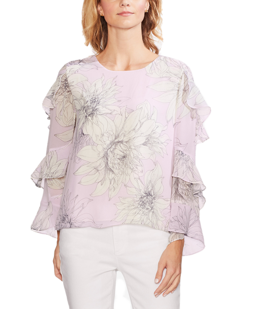 Vince Camuto Women Pagoda Blossoms Ruffled Sleeve Top Purple Fresh Lilac