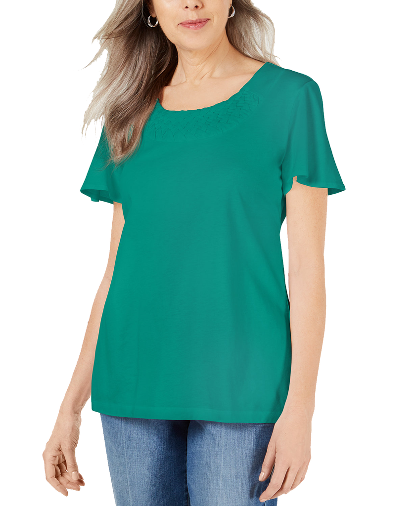 Karen Scott Braided Neck T Shirt Classic Teal