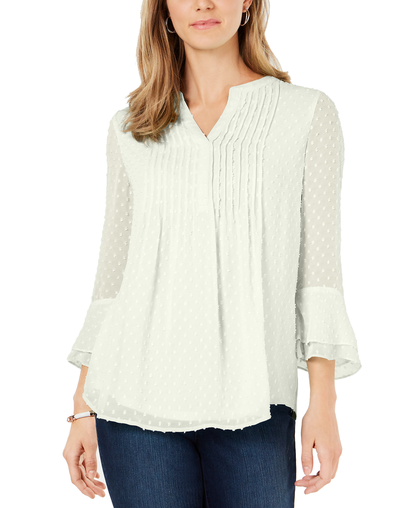 Charter Club Women Double Ruffle Textured Pintuck Top Cloud