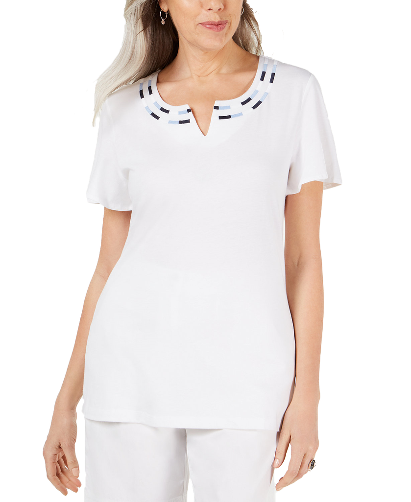 Karen Scott Women Embroidered Split Neck Top Bright White