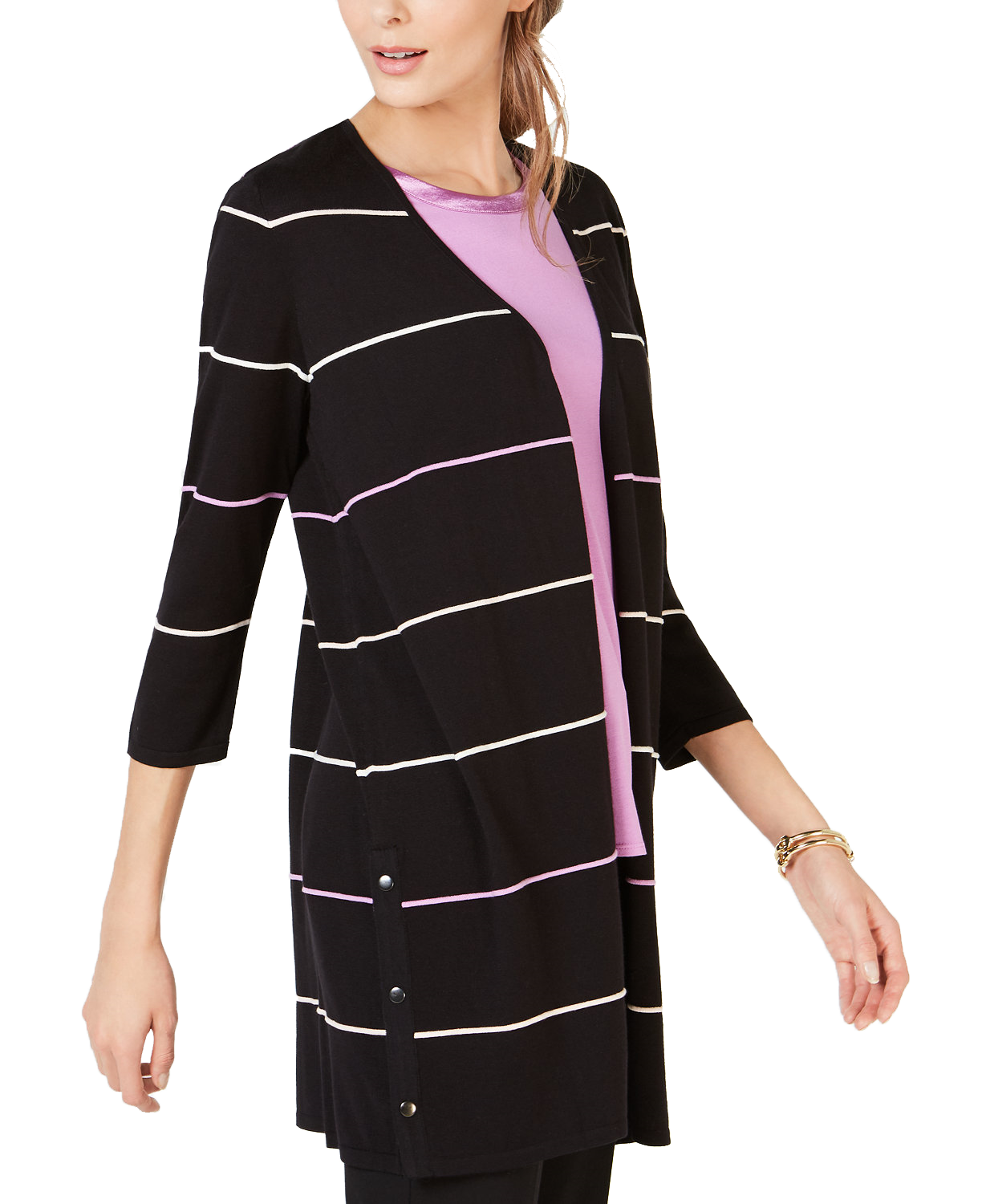 Alfani Women Striped Button Embellished Cardigan Deep Black
