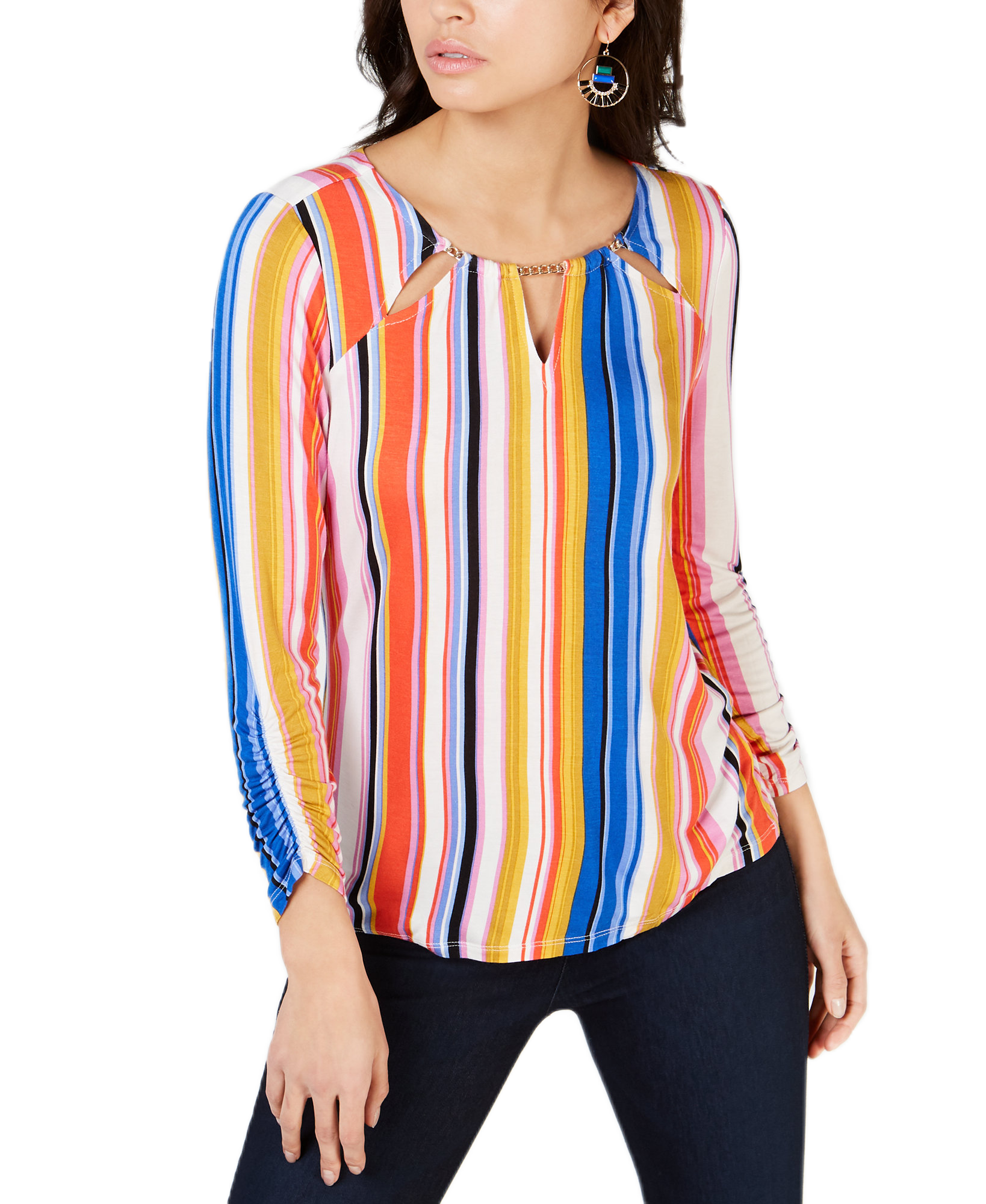 Thalia Sodi Women Embellished Neck Printed Top Narrow Multi Stripe