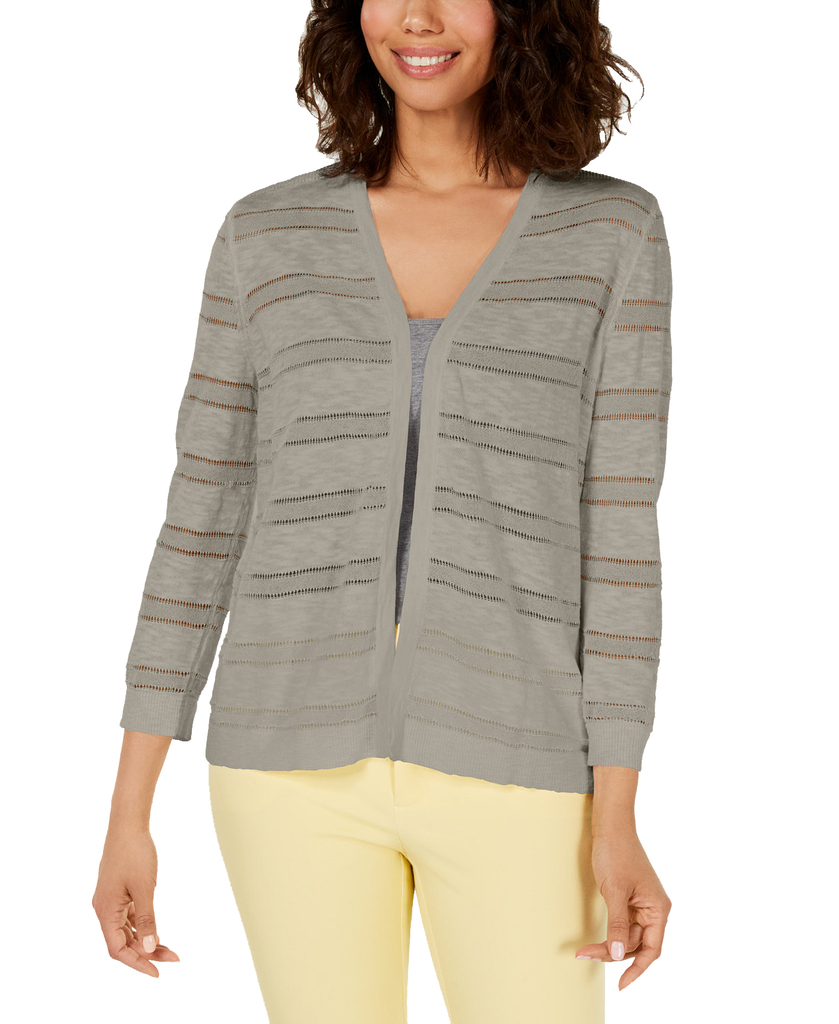 Charter Club Women Petite Pointelle Stripe Cardigan Sugar Sand