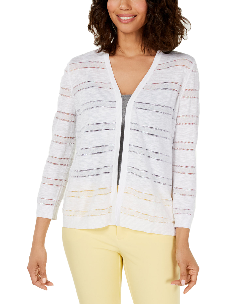 Charter Club Women Petite Pointelle Stripe Cardigan Bright White