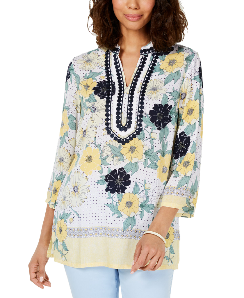 Charter Club Women Printed Embroidered Split Neck Tunic Citron Aura Combo