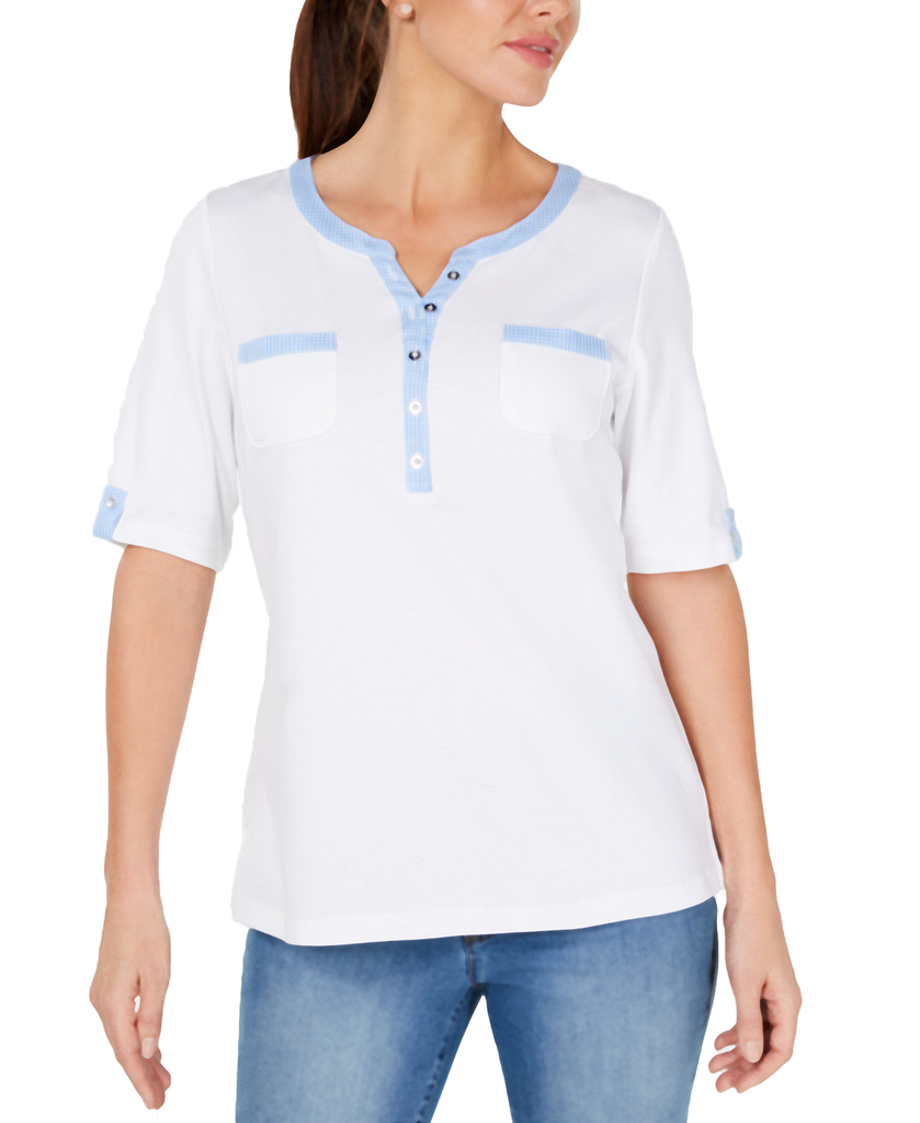 Karen Scott Women Cotton Gingham Trim Henley Bright White