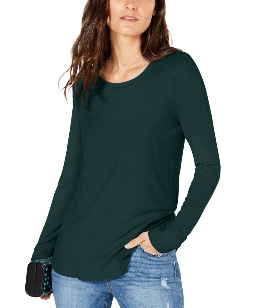 INC International Concepts Women Ribbed Long Sleeve T Shirt Hunter Forest