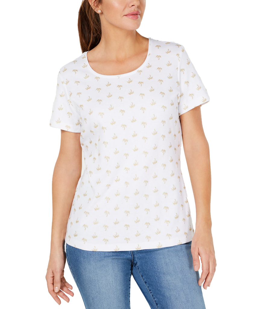 Karen Scott Women Metallic Palm Tree Print T Shirt Bright White