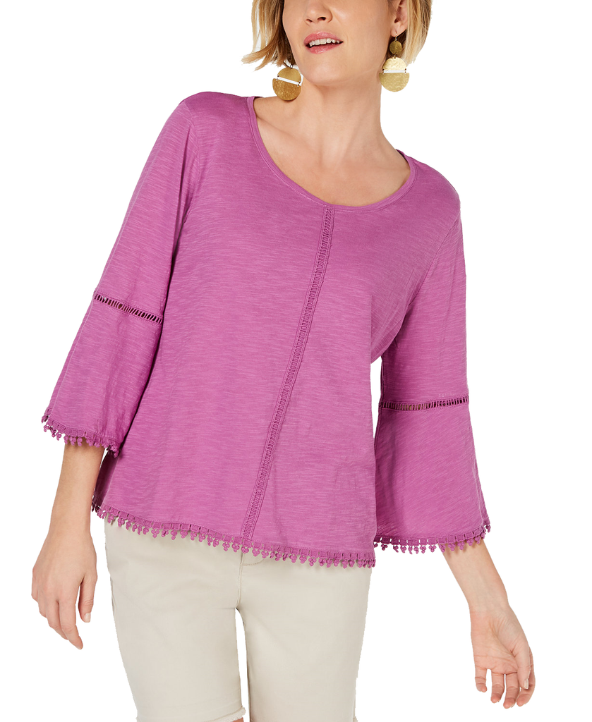 Style & Co Women Crochet Trim Bell Sleeve Top Orchid Bloom