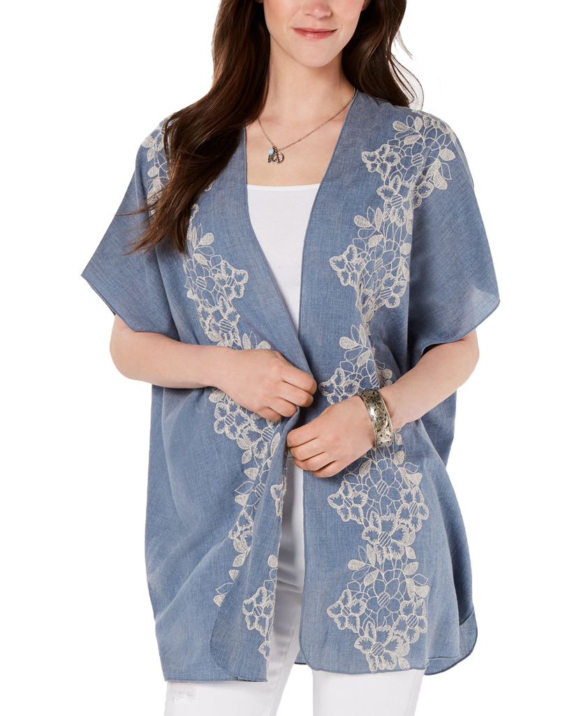 Style & Co Embroidered Open Front Kimono Floral Chain