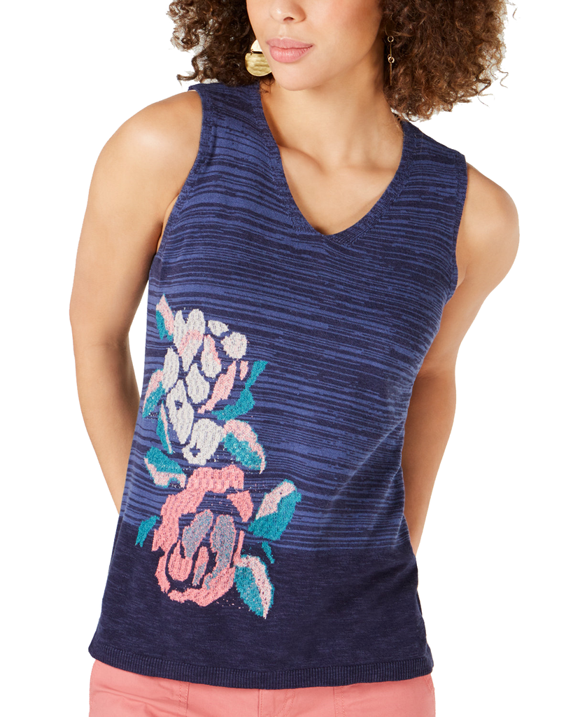 Style & Co Women Sleeveless Printed V Neck Sweater Mod Bloom