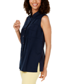 Charter Club Women Sleeveless Button Front Textured Linen Top Intrepid Blue