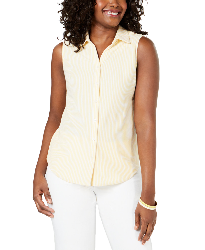 Charter Club Women Cotton Sleeveless Shirt Lemon Spritz Combo