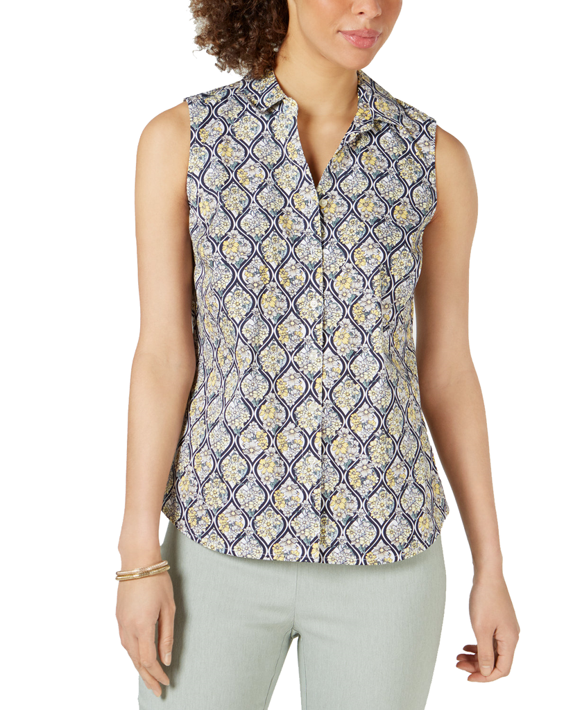 Charter Club Women Printed Sleeveless Shirt Citron Aura Combo